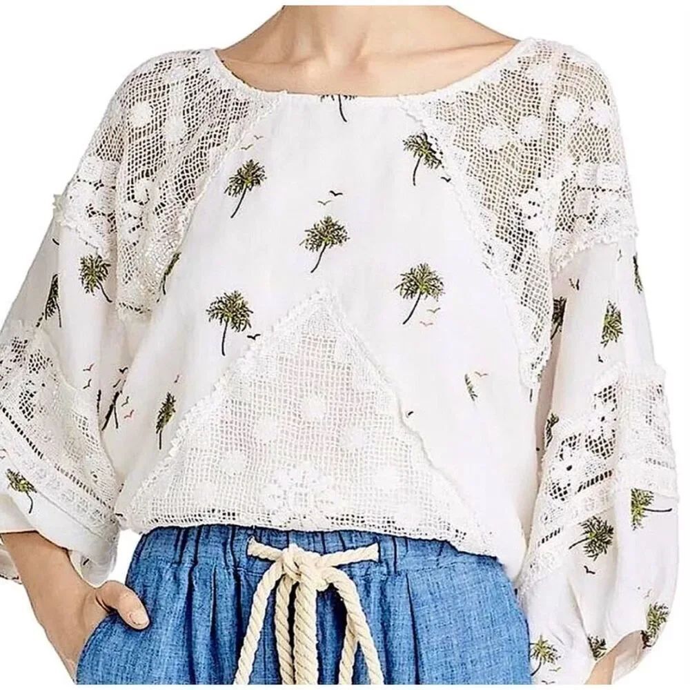 EUC Free People Palms Print Linen Cotton Blouse